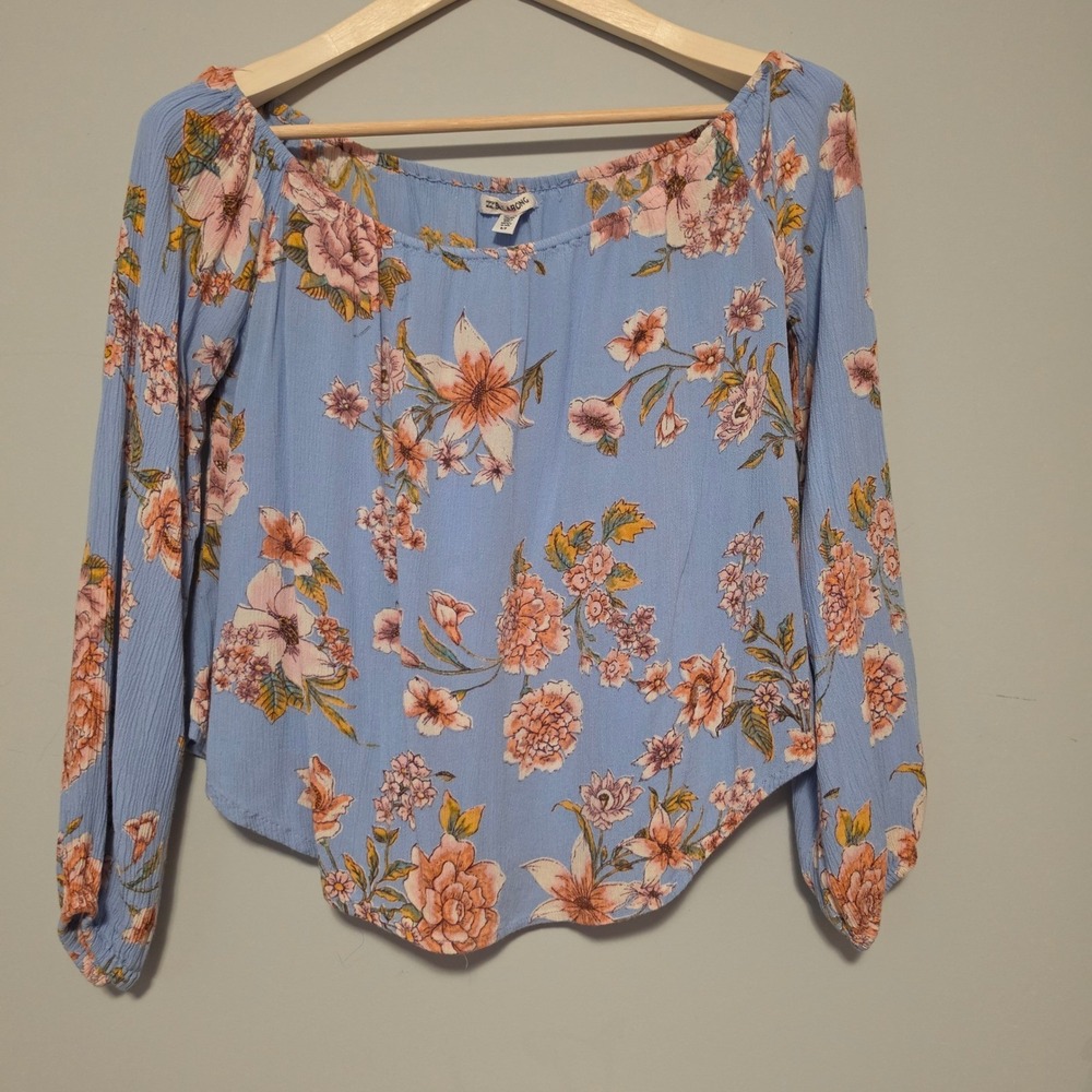 Billabong Floral Print Off Shoulder Long Sleeve Boho Blouse Blue Size Small